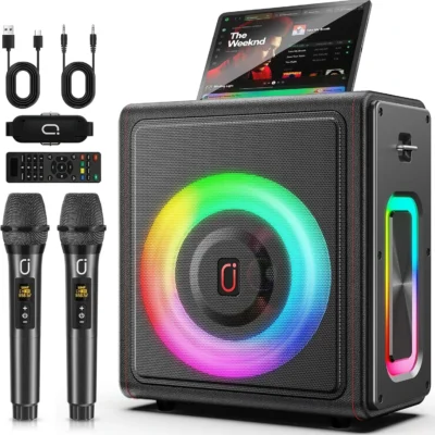 PPMIC 300W Retro Leather Karaoke Machine with 3 Microphones
