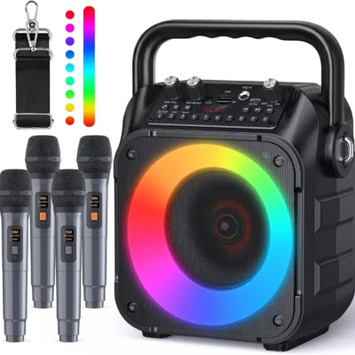 CYY Portable Karaoke Machine with 2 Wireless Microphones & Dynamic LED Lights